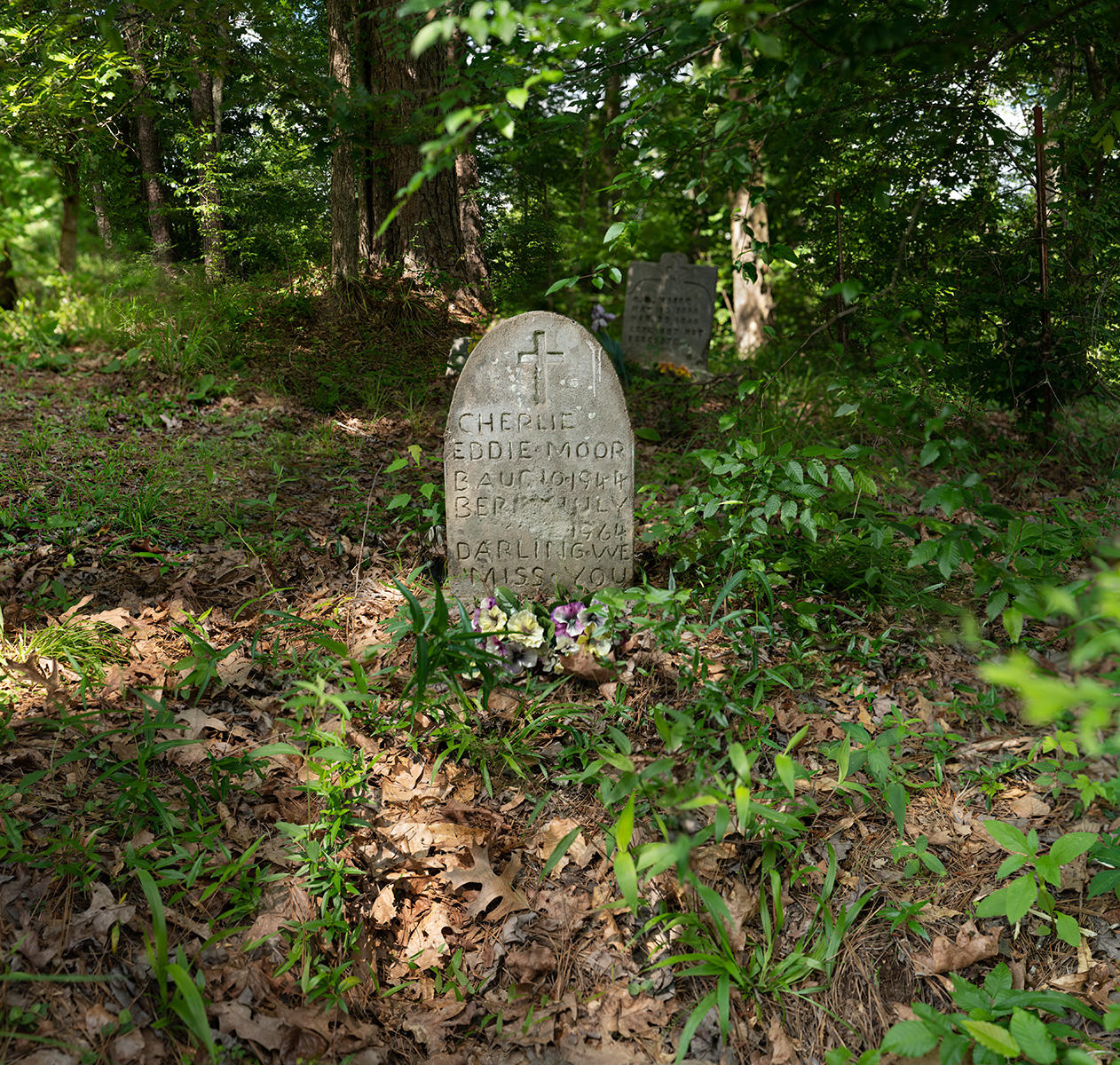 <div class="storycaption">
	<div class="galleryIntroTextArea holder">
		<div class="galleryIntroTextContent">
			<div class="galleryIntroTextContentInside">
				<div class="frishhead">
					GRAVESTONE OF LYNCHING VICTIM 
				</div>
				<div class="frishsubhead">
					MEADVILLE, MISSISSIPPI 
				</div>
				<div class="frishtext">
					On May 2, 1964, teenagers Charles Eddie Moore and Henry Dee were picked up by KKK members while hitchhiking from the Tastee Treat Drive-In in Meadville, Mississippi. They were interrogated and tortured in a nearby forest, locked in a trunk of a car, driven across state lines, chained to a Jeep motor block and train rails, and dropped alive into the Mississippi River to die. Charles Eddie Moore's poignantly humble homemade gravestone is in an overgrown corner of the Mount Olive Missionary Baptist Church cemetery in Meadville, Mississippi. It reads: "Cherlie Eddie Moor; Baud Aug 10, 1944; Beried July 1964; Darling, we will miss you." Obscured by the flowers, written on the base, is added "Anywhere in Glory Is All Right." 
				</div>
				<div class="frishdate">
					PHOTOGRAPHED: 2019 
				</div>
			</div>
		</div>
	</div>
</div> : IMAGES : Ghosts of Segregation